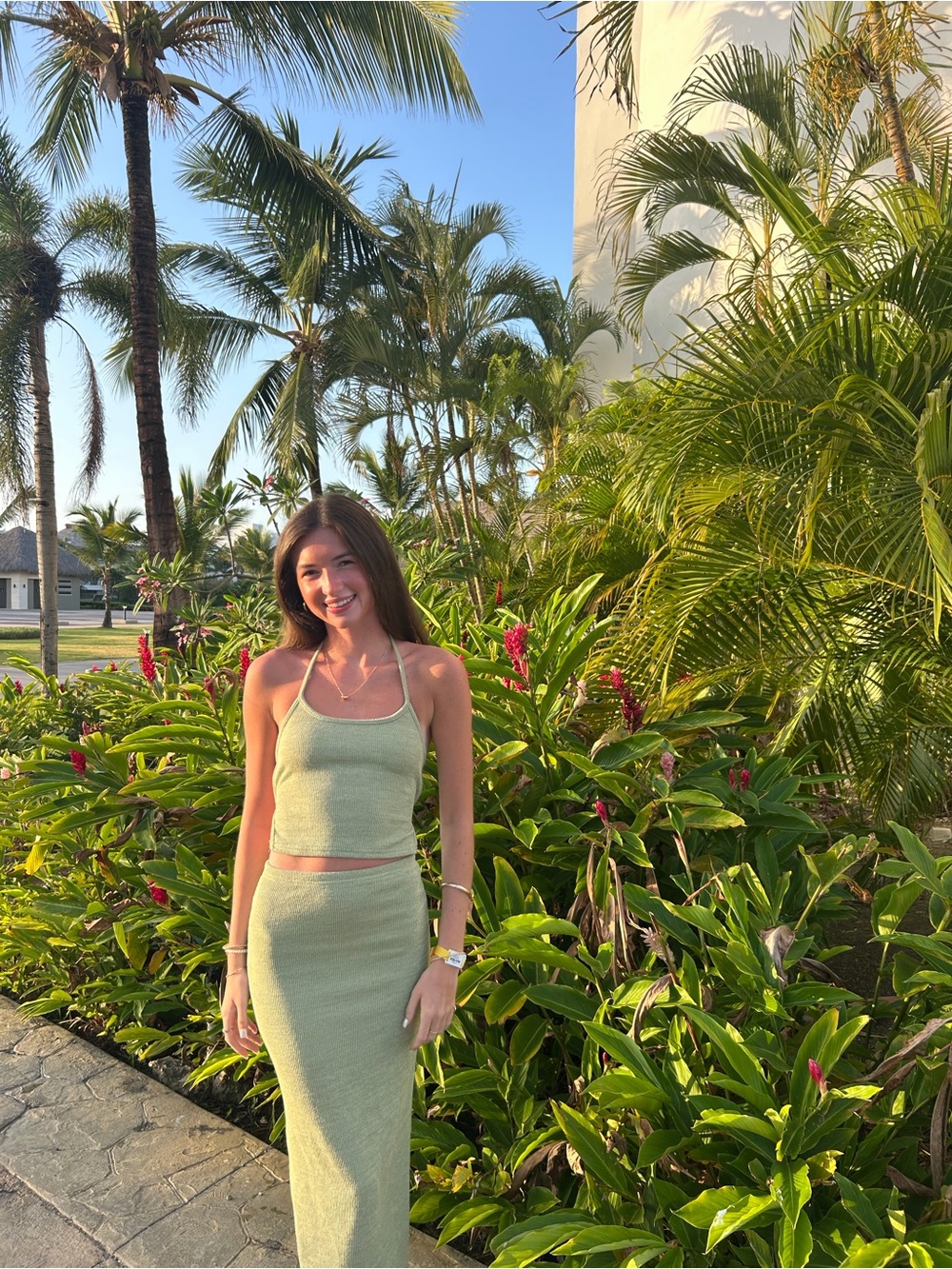 Light Green Knit Halter Crop Top & Maxi Skirt Set